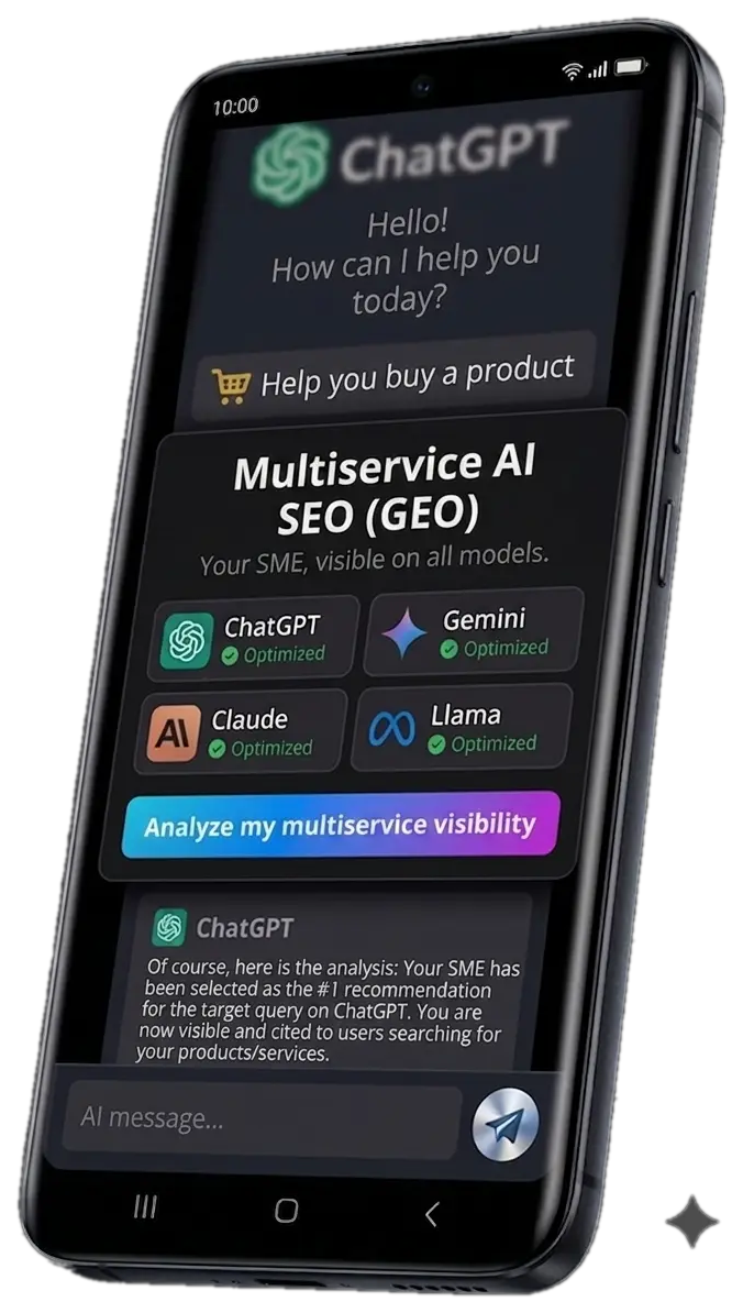 Smartphone screen showing a ChatGPT-style AI search optimization app with ChatGPT, Gemini, Claude and Llama options.